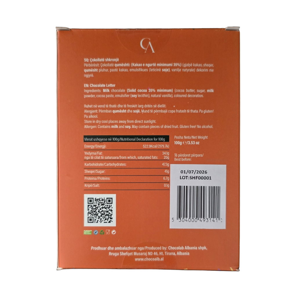 Kutia Cokollate Shkronje 100g – F