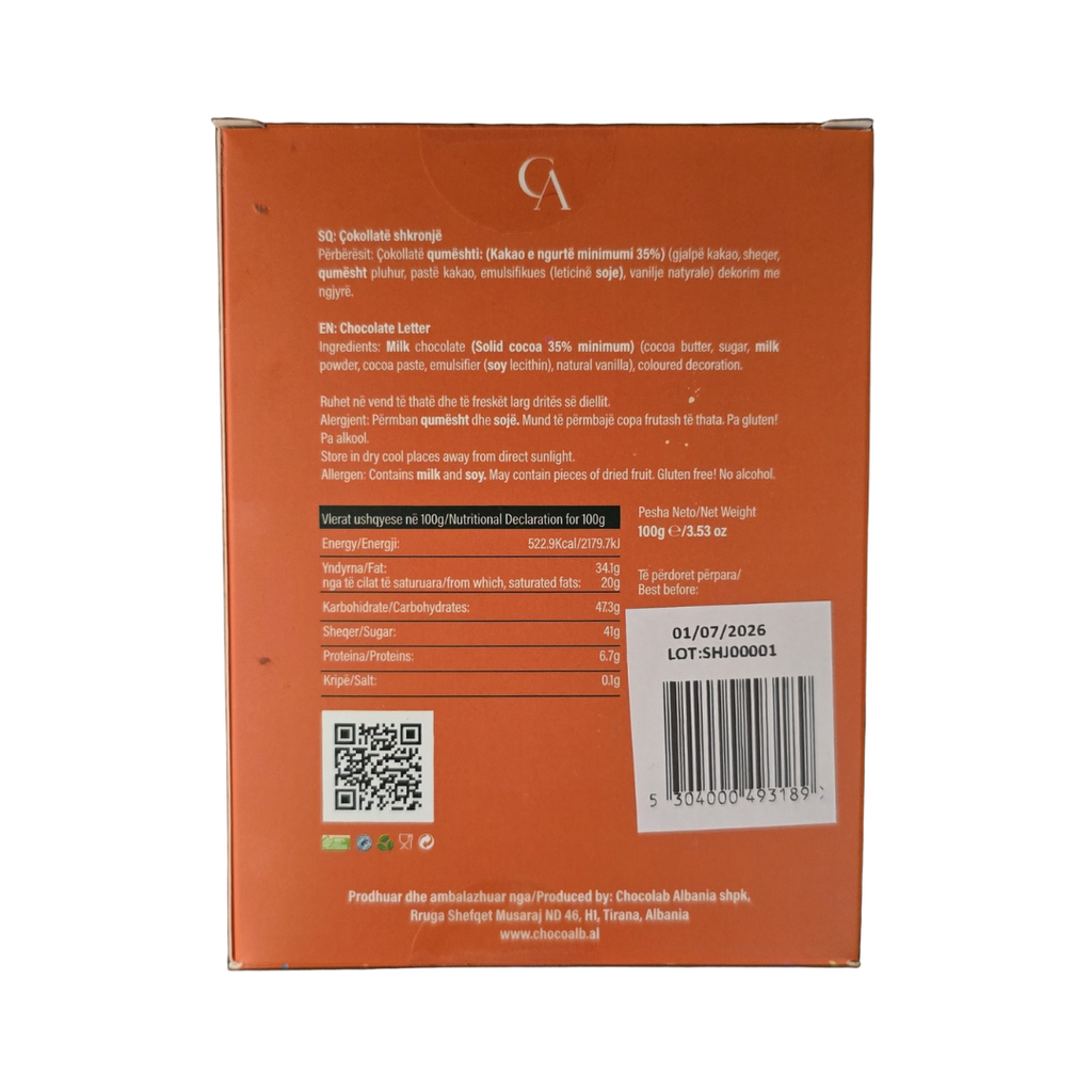 Kutia Cokollate Shkronje 100g – J