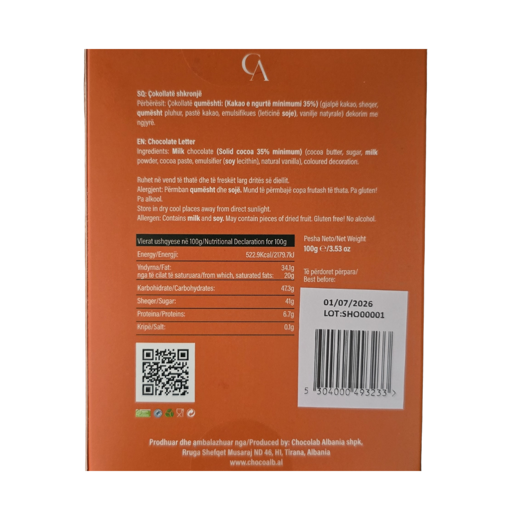 Kutia Cokollate Shkronje 100g – O