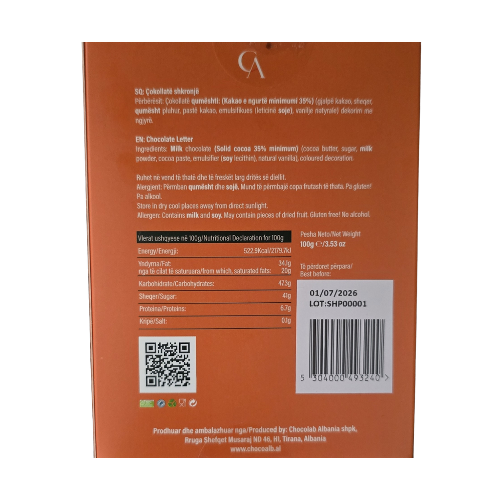 Kutia Cokollate Shkronje 100g – P