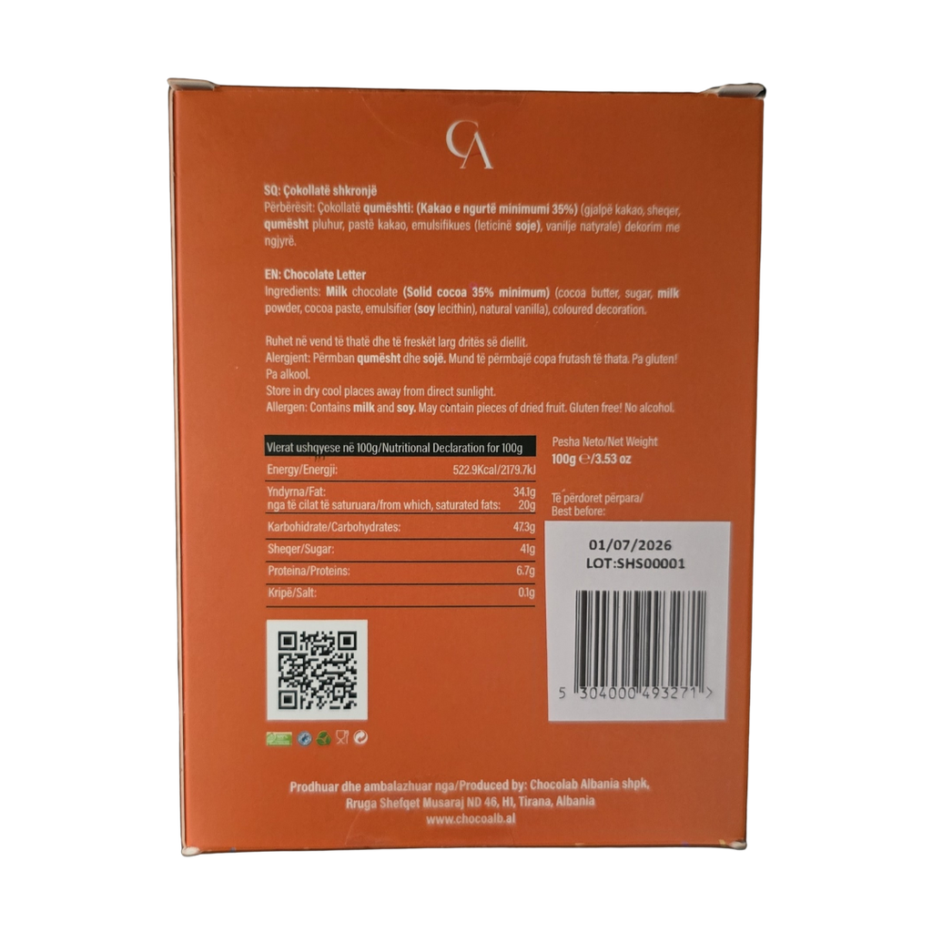 Kutia Cokollate Shkronje 100g – S
