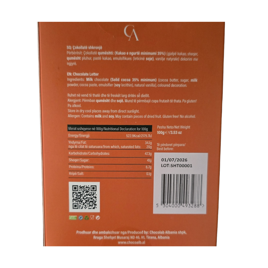 Kutia Cokollate Shkronje 100g – T