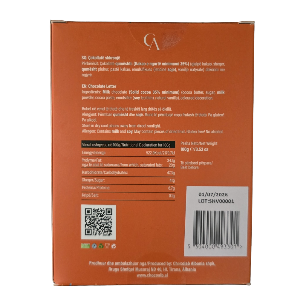 Kutia Cokollate Shkronje 100g – V