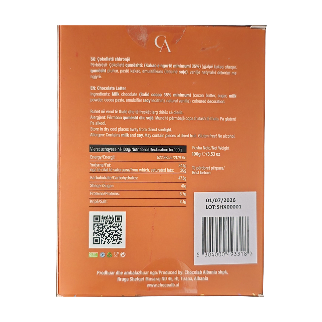 Kutia Cokollate Shkronje 100g – X